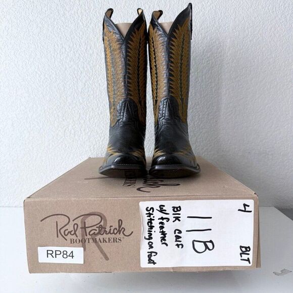 Rod Patrick Mens Cowboy Boots 11B Black Calf Leather Western #4 Heel Blunt Toe - Picture 12 of 16